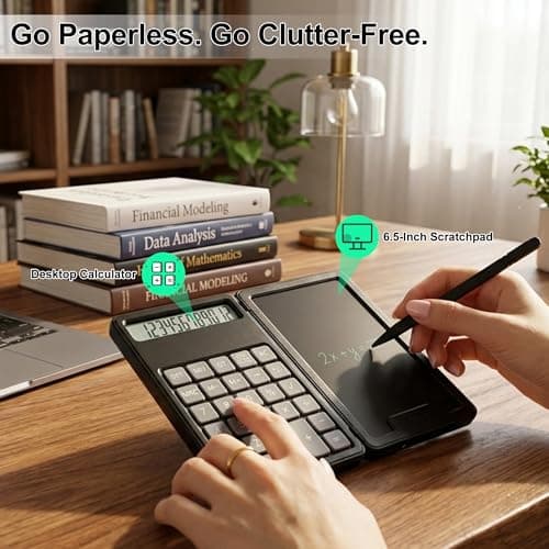 Niodel Desktop Calculator with 6.5" LCD Writing Tablet, 12-Digit Foldable Desktop Calculator with Stylus, Portable Professional Financial Notepad for School, Office & Business(Black) - Thumbnail 2