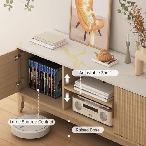 GlouMod TV Stand for TV up to 65 Inches, 55" Entertainment Center with Storage Cabinets and Marble White Top, Fluted Panels, Mid Century Modern Media Console Table for Living Room, Light Wood - Thumbnail 3