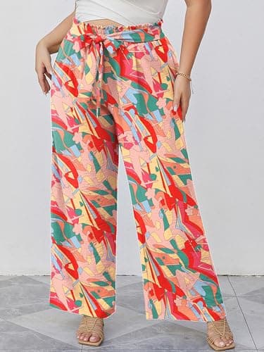 AusLook Plus Size Wide Leg Pants for Women High Waist Elastic Drawstring Palazzo Casual Lounge Beach Travel Vacation Resort Lifeful Color Block 5X Pants with Pockets Flowy Summer Comfy Outfit - Thumbnail 4