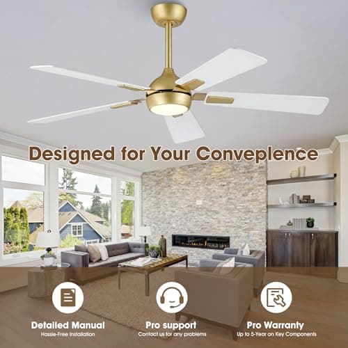 Vaczon 52" White Gold Ceiling Fan with Light and Remote, DC Motor Ceiling Fan with LED Light, 6-Speed Reversible, Dimmable 3CCT, Modern Ceiling Fan for Bedroom Living Room - Thumbnail 6