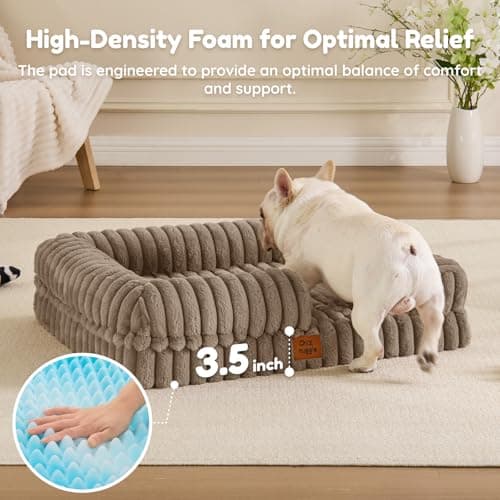 ChiXnuggle Orthopedic Dog Bed with Bolster Sides for Sleeping, Fluffy Plush Rectangular Dog Bed Medium Sized Dog, Luxury Striped Faux Fur Waterproof Dog Couch with Removable Washable Cover, Taupe - Thumbnail 3