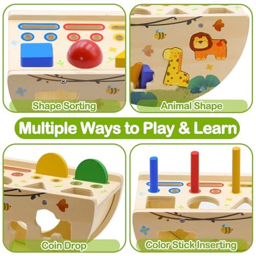 Humerry Montessori Busy Box for Toddlers 1-3, Wooden Object Permanence Coin Box with Shape Sorter & Animal Matching, Sensory Fine Motor Learning Toy with Wobble Base, Gift for 1 2 3 Year Old - Thumbnail 3