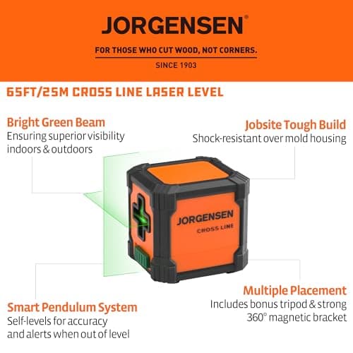 JORGENSEN Laser Level with Tripod, 65 FT Self Leveling Cross Line Laser Leveler Tool with 360° Magnetic Base, Green Laser Level for Picture Hanging, Home Renovation, Indoor Project - Thumbnail 2