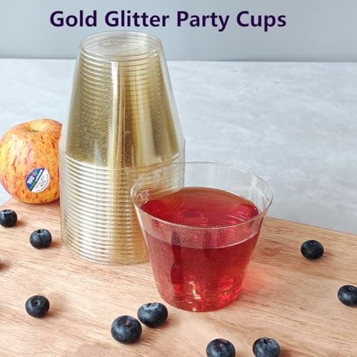KINGSUSLAY 50 Pack Plastic Cups, 9 oz Glitter Disposable Gold Cups, Clear Plastic Tumblers and Clear Party Cup for Weddings, Birthday,Thanksgiving, Christmas,etc. - Thumbnail 5