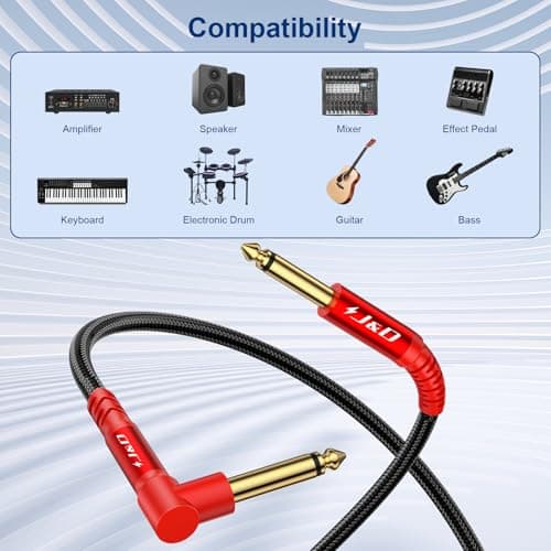 J&D Guitar Cable 2Pack, 1/4 Inch TS Instrument Cable, 6.35mm Cord for Electric Guitar, Bass, Keyboard, Amplifier, Speaker, Right Angle to Straight, Red, 6.6 Feet - Thumbnail 5