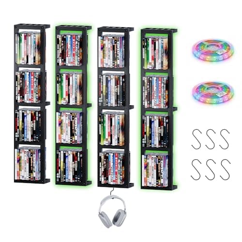 Kikihouse Wall-Mounted CD Storage Shelf with DIY LED Strip, Floating Media Storage Rack with Hooks, Cube Organizer for Video Games Set of 4 - Image 1