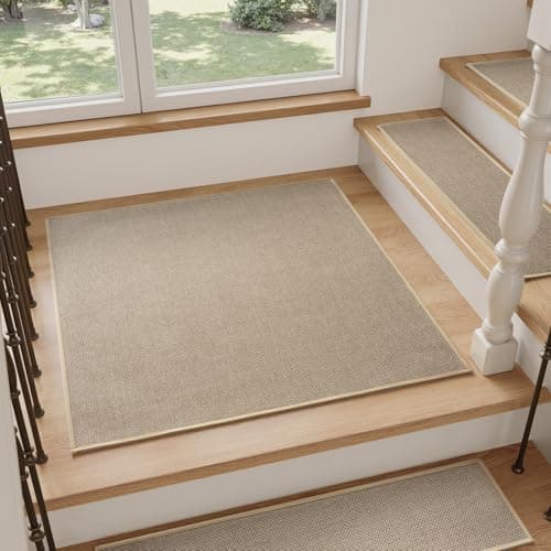 PADOOR Stair-Treads Landing Mat Non Slip Indoor, Square Stair-Runners for Wooden Steps Rubber Backing, Reusable Carpet Stair Treads, Durable Stair-Carpet Treads for Kids and Dogs 31"x31" Beige - Image 1