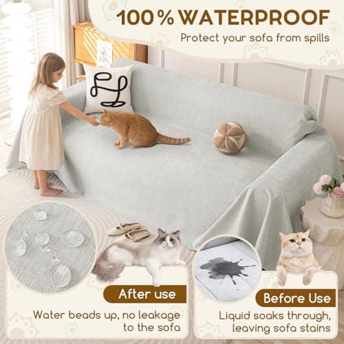 Waterproof Couch Covers for Pets, Couch Protector from Cat Claws, Washable Sofa Covers for 2-3 Cushion Couch, Sectional L Shaped Slipcover Loveseat Furniture Protector for Dogs, 71"x102", Light Grey - Thumbnail 4