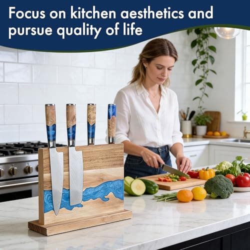 Magnetic Knife Holder - Double-Sided Blue Resin & Acacia Wood, River Design Knife Stand, 12.6 × 9.85 Inches (Knives Not Included) - Thumbnail 2