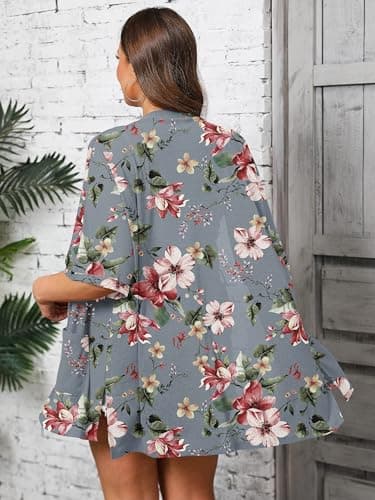 AusLook Plus Size Printed Cardigan for Women 4X Short Sleeve Lightweight Open Front Shrug with Pockets for Dresses and Layering - Thumbnail 2