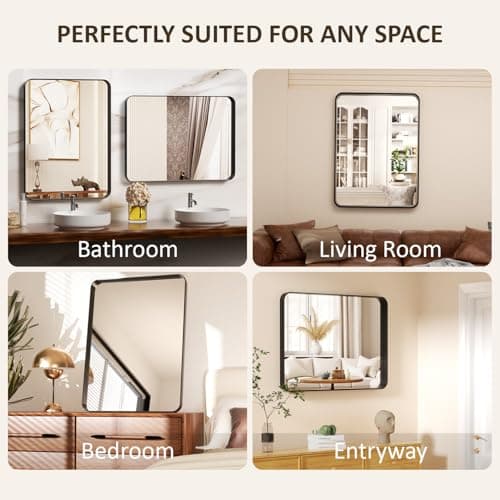 Venlus 55×30 Black Vanity Mirror for Bathroom Sink - Rectangle Aluminum Frame Mirror with Tempered Glass & Rounded Corners for Living Room, Hallway, Horizontal/Vertical, Home Decor - Thumbnail 6