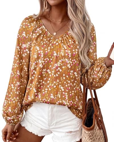 Zenlonr Women's Summer Tops Dressy Casual 2026 V Neck Satin Silk Printed Shirts Boho Long Sleeve Work Blouses(Khaki Floral,XX-Large)