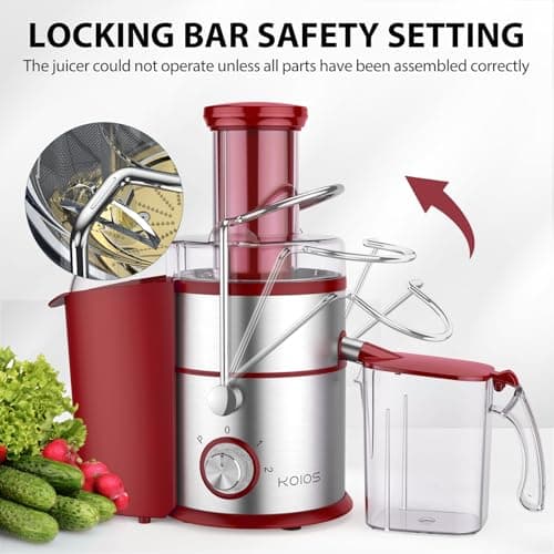 KOIOS 1300W Centrifugal Juicer Machine, Juice Extractor with Extra Large 3 Inch Feed Chute, Full Copper Motor, Titanium-Plated Filter, High Juice Yield, 3 Speeds Mode, Brush Included, Non-BPA, Red - Thumbnail 6