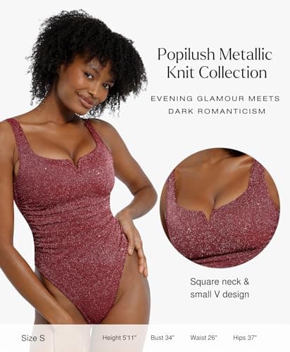 Popilush Shapewear Bodysuit Sparkly Tops for Women Tummy Control Square Neck Sleeveless Body suit Going Out Tank Tops - Thumbnail 3