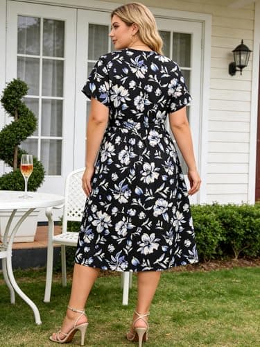 Charming Ashley Plus Size Women's Dress 2026 Summer V-Neck Short Sleeve Midi Dress with Pockets Beach Resort Wear 1X-5XL Black - Thumbnail 6