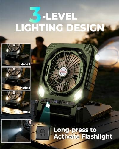 22000mAh Camping fan with Dual Solar Panel, 10" Rechargeable Solar Powered Fans with LED Light and Arc Flashlight for Outside, 180° Swivel Oscillating Battery Operated Tent Cooler for Picnic, Fishing - Thumbnail 4