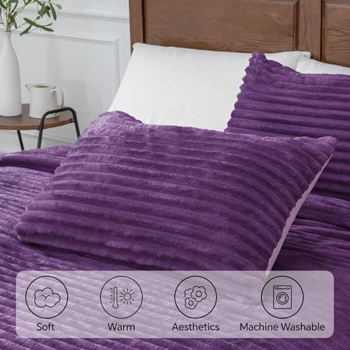 BEDELITE Fleece Full Comforter Set -Super Soft & Warm Fluffy Purple Bedding, Luxury Fuzzy Heavy Bed Set for Winter with 2 Pillow Cases - Thumbnail 5
