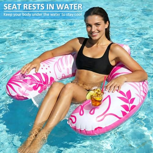 2 Pack Pool Floats Adult, Inflatable Pool Float Chair with Cup Holders, Floating Pool Chairs Lounge Floaties for Adults Swimming Party Lake River Beach Summer Water Fun - Thumbnail 2