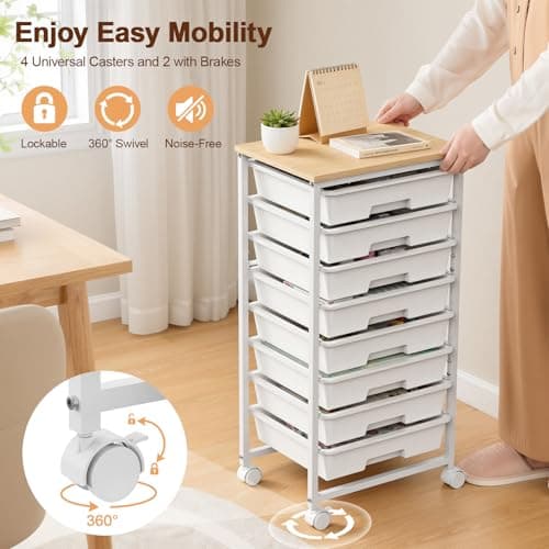 LEHOM Rolling Storage Cart with 8 Drawers, Utility Cart on Wheels with Metal Frame and Wooden Tabletop for Living Room Bedroom Dorm, Office Storage & Art Supply Craft Organizer for Classroom - Thumbnail 4