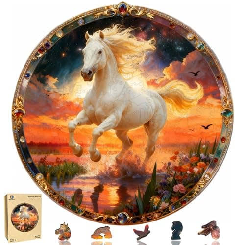 Wooden Puzzle for Adults, Sunset Horse Wooden Jigsaw Puzzle 200 Piece, Unique Shape Wooden Puzzles, Challenging Running White Horse Jigsaw Puzzles for Adults Family Game Night Wall Art Decor 11*11in - Image 1
