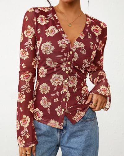 BTFBM Button Down Shirts for Women 2026 Spring Boho Tops V Neck Long Sleeve Blouses Ruched Mesh Fitted Fashion Clothing(Brown, Small) - Thumbnail 2