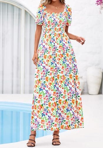 BTFBM Spring Summer Dresses for Women 2026 Puff Short Sleeve Smocked Floral Print Boho Beach Wedding Guest Maxi Dress(Floral Light Green Multi, Small) - Thumbnail 2