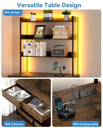 Petrova 40" Dog Crate Furniture with LED Light & Power Outlets, Heavy Duty Indoor Dog Kennel for Small/Medium Dogs, Wooden Dog Cage with Open Shelves, Storage Drawers, Lockable Wheels, Brown - Thumbnail 3