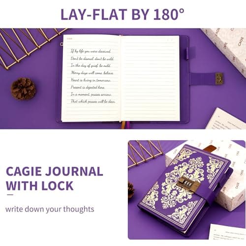 CAGIE Lock Journal for Women Vintage Refillable Diary with Lock 224 Pages Leather Locked Journal for Personal Secrets Writing (Purple) - Thumbnail 3