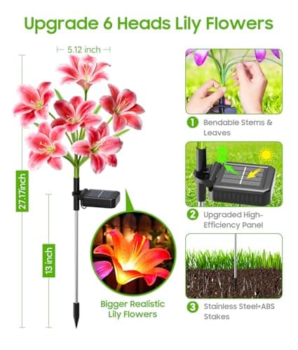 LETMY Solar Garden Lights, 4 Pack Solar Flower Lights with 6 Head Bigger Lily Lights, IP65 Waterproof Solar Lights Outdoor, Decorative Lights for Garden, Patio, Yard, Flower Bed - Thumbnail 6