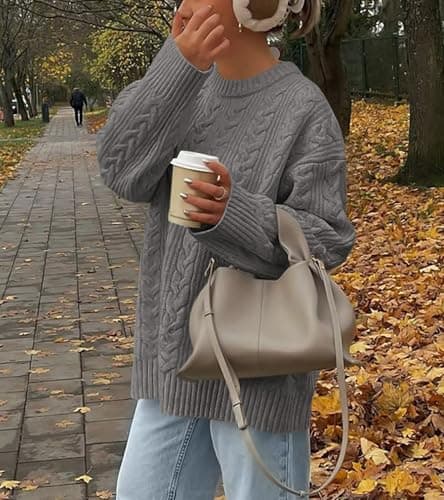 Okiwam Women's Oversized Sweaters Crewneck Cable Knit Pullover Casual Loose Fall Outfits Spring Fashion Clothes 2026-S Grey - Thumbnail 2