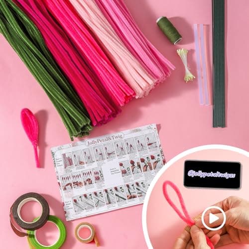 JollyPetal&Twig Pipe Cleaners Craft 5 Colors,Chenille Stems Plush Craft Kit,Pink Pipe Cleaners Flowers Kit with Floral Tape for Wedding Gifts Graduation Bouquet (Pink) - Thumbnail 3