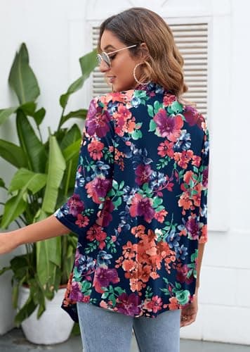 Heymoments Cardigan for Women Blue Colored Flower 3X-Large Draped Open-Front 3/4 Sleeve Lightweight Casual Soft Drape Summer Fall Kimonos Cardigans - Thumbnail 5