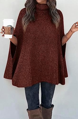 KIRUNDO Women's 2026 Fall Winter Turtleneck Poncho Sweater Fashion Chunky Knit Cape Wrap Sweaters Pullover Jumper Tops(Red Brown, Small) - Thumbnail 4
