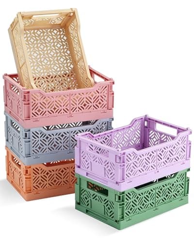 6 Pack Small Pastel Plastic Storage Baskets,Mini Collapsible Storage Bins for Desk Drawer Organizer,Colorful Folding Crates for Craft Supplies,Space Saving Containers for Home Office Dorm(8.6×5.8×3.5)