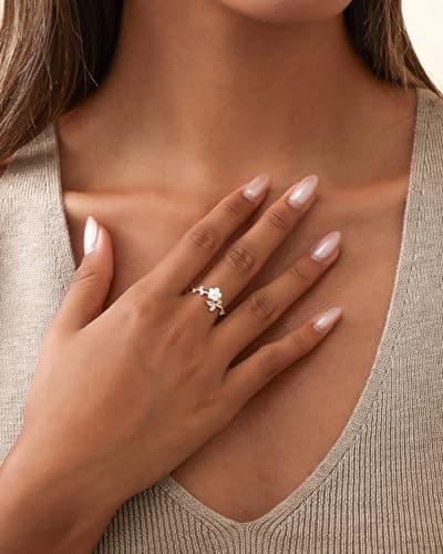 Solistra Rings for Women Non Tarnish, 14K Gold Plated Open Pearl Flower Band Adjustable Cubic Zirconia Rings for Women - Thumbnail 3