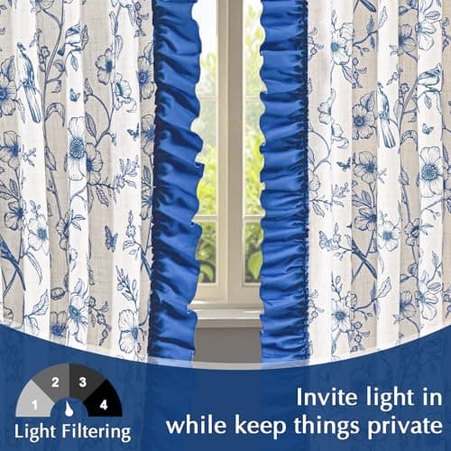 Yinhua Blue Floral Curtains for Living Room 84 Inch Length Farmhouse French Bedroom Curtains with Ruffle Tieback, Linen Light Filtering Window Curtain Rod Pocket Back Tab Drapes, 52"W x 84"L, 2 Panels - Thumbnail 4