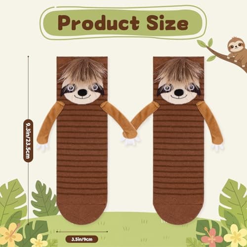 FunisFun Sloth Socks with Magnetic Holding Hands Funny Animal Crazy Socks for Women Ideal Sloth Gifts for Girls Birthday (US, Alpha, One Size, Regular, Regular, Brown) - Thumbnail 2