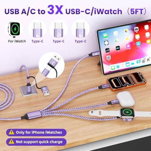 4in2 Multi Charging Cable for iWatch Charger/iPhone Charger/CarPlay Cable, Beach Travel Vacation Essentials, (2Pack 5FT) 3 X USB C/iWatch Charger Cords for iWatch 11-1/iPhone 17-15, Android Car - Thumbnail 2