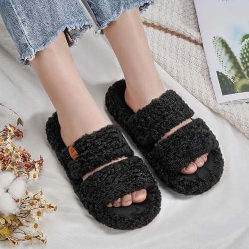 ATHMILE House Slippers for Women with Platform Memory Foam Arch Support Open Toe, Fuzzy Fluffy Cozy Womens Slippers for Home Indoor Outdoor Bedroom Ladies Christmas Gifts Pantuflas Para Mujer - Thumbnail 2