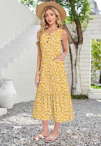 WNEEDU Beach Floral Long Dress Flowy Elegant Maxi Sleeveless Dress Soft Comfortable Cruise Vacation Holiday Dress,YE S Floral,XL - Thumbnail 2