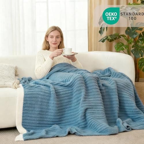 WRENSONGE Striped Throw Blanket, Blue Soft Cozy Fluffy Warm Hand Made Throw Blankets for Couch, Sofa, Chair, Bed, Camping, Picnic, Travel Lightweight Bed Blanket - 60"*80" - Thumbnail 3