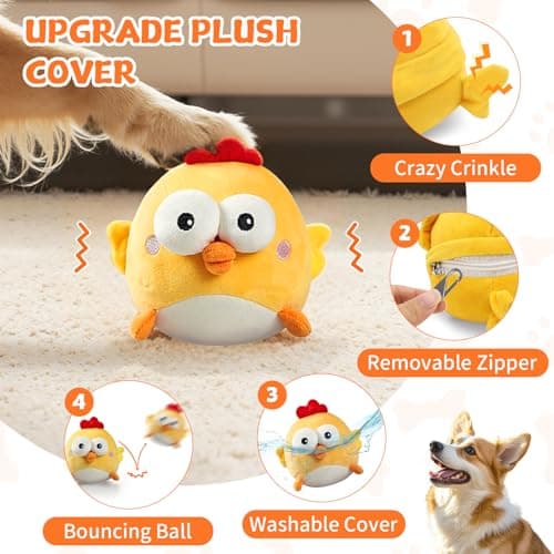 VOXGET Interactive Dog Toy Ball, Upgrade Automatic 1.5H Jump Plush Toy with Removable Zipper for Small Large Dogs, Rechargeable Squeaky Move Bounce Ball for Pets Keep Busy, No Loud Music (Chicken) - Thumbnail 4