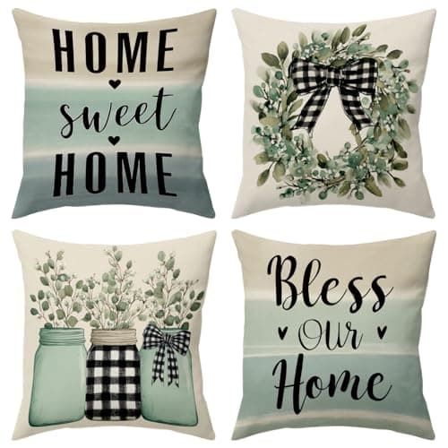 BBOLDIN Farmhouse Spring Throw Pillow Covers 18x18 Couch Cushion Covers, Rustic Country Buffalo Plaid Sofa Couch for Home Room Porch, Pastel Classic Flower Pillow Cases Decor Set of 4 - Image 1