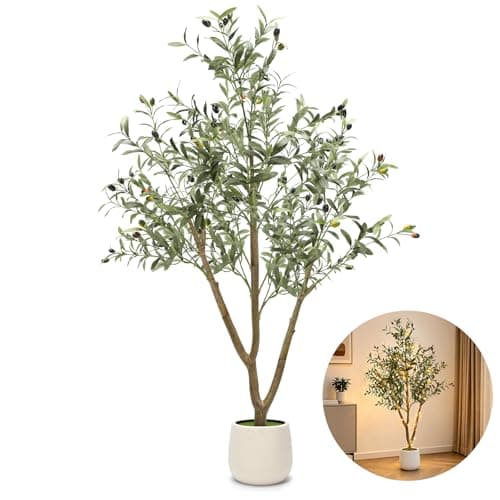 TNELTUEB Olive Trees Artificial Indoor: 5FT Fake Tree with Lights & Planter, Realistic Faux Olive Tree with Lifelike Fruits for Living Room Decor, Fake Silk Plants for Modern Home Office - Image 1