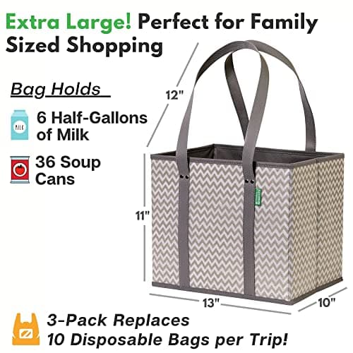 Reusable Grocery Bags (3 Pack) – Heavy Duty Reusable Shopping Bags with Box Shape to Stand Up and Stay Open – Large Tote Bags with Long Handles & Reinforced Bottom – Foldable Utility Bag – Chevron - Thumbnail 5