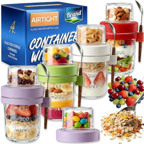 Acessorz 16+4 OZ Glass Mason Jars,Overnight Oats Containers with Lids and Spoon,Removable Independent Compartment,Large Capacity Airtight Jar for Milk,Fruit,Cereal,4 Pack(Purple/Green/White/Red)
