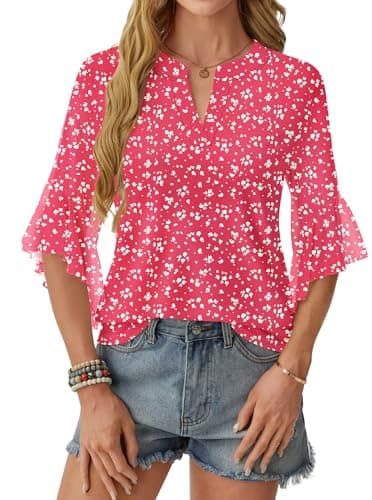 GKBK Womens 3/4 Sleeve Tops Dressy Casual Business Work Blouses Office Shirts Raspberry Pink XL - Thumbnail 2