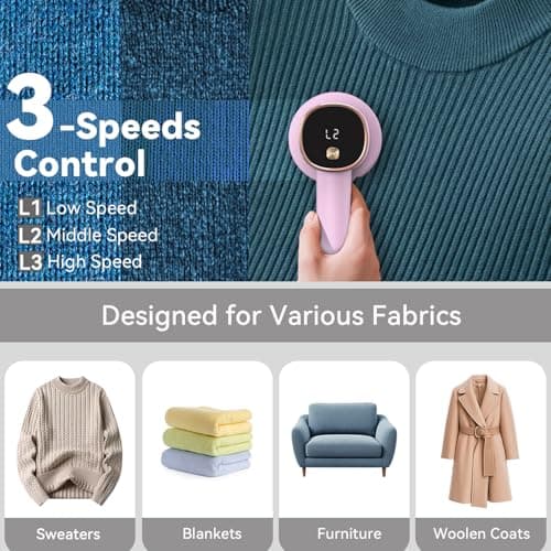 Smyeviva Rechargeable Fabric Shaver for Clothes: 6-Leaf Blades & 3 Speeds to Remove Pilling, Fuzz & Lint Balls - with LED Display, Portable Electric Lint Remover for Sweater, Couch, Blanket, Furniture - Thumbnail 3
