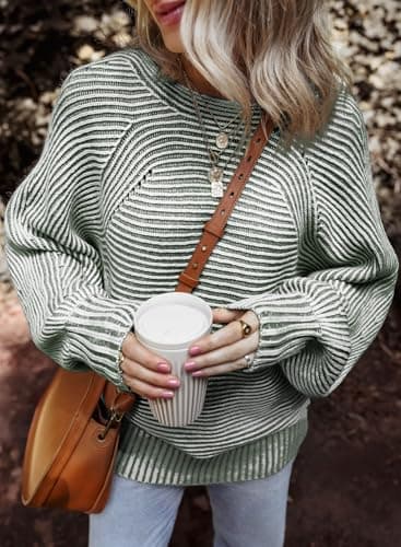 EVALESS Womens Sweaters Winter Outfits Long Sleeve Chunky Knit Tops Work Clothes Trendy 2025 Cute Boat Neck Batwing Sleeve Striped Pullover Sweater Teacher Clothing Christmas Tops, Green XX-Large - Thumbnail 3