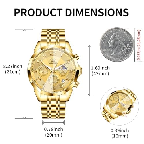 OLEVS Watch Men Luxury Gold Big Face Moon Phase Chronograph Stainless Steel Dress Waterproof Watches for Men Classic Metal Easy Reader Date Analog Quartz Mens Watches Relojes para Hombre - Thumbnail 4